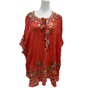 Johnny Was Women's Size Small Embroidered Poncho Top Tunic Coral‎ Oversized